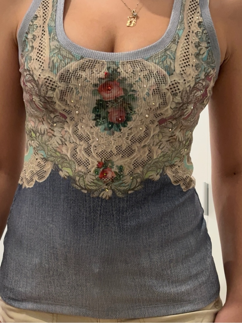 Michal Negrin Blue Ribbed Tank with Cream Lace and Floral Embellishment